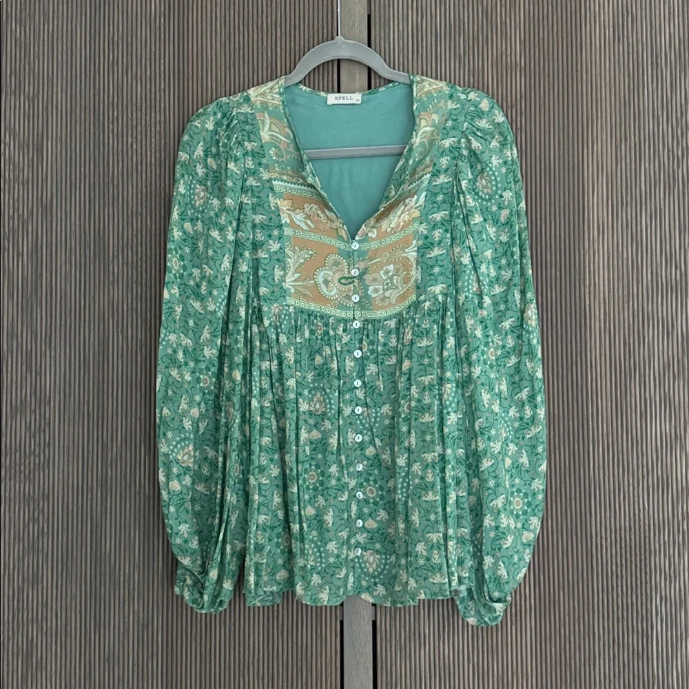 Spell & The Gypsy Collective Emerald Madame Peacock Floral Boho Blouse - Picture 5 of 8